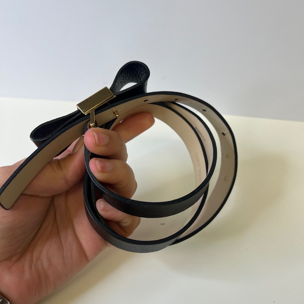 Kate Spade New York Black Pebbled Leather Skinny Bow Belt Gold Buckle Medium - Picture 3 of 7